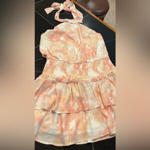 TCEC Halter Mini Dress Layered Lined Pastel Multi Peach SZ. Large